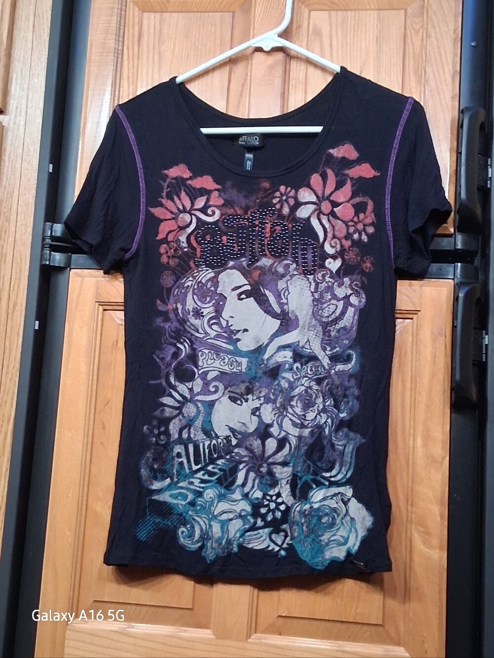 Buffalo David Bitton Black SS Graphic Tee with Purple & Teal Accents Size S
